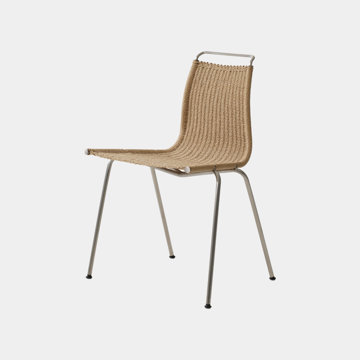 A modern side chair with a woven natural-fiber seat and backrest, supported by slim metal legs and a top armrest, shown on a light gray background.