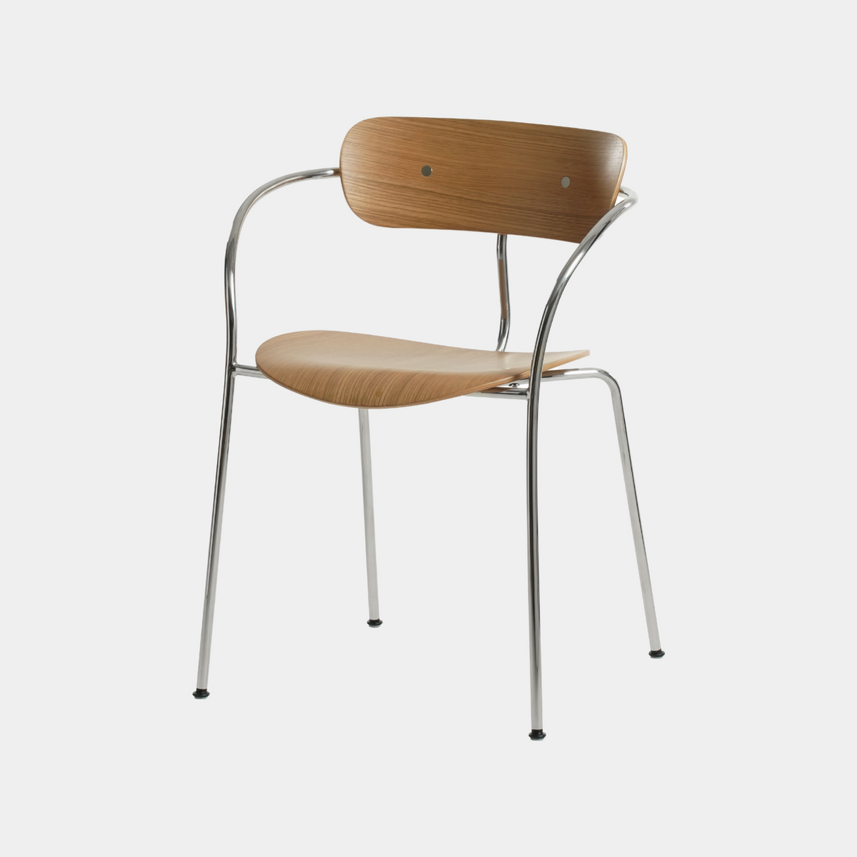 A mid-century modern style dining chair with a light natural wood seat and backrest, supported by a curved polished chrome metal frame, shown against a plain light gray background.