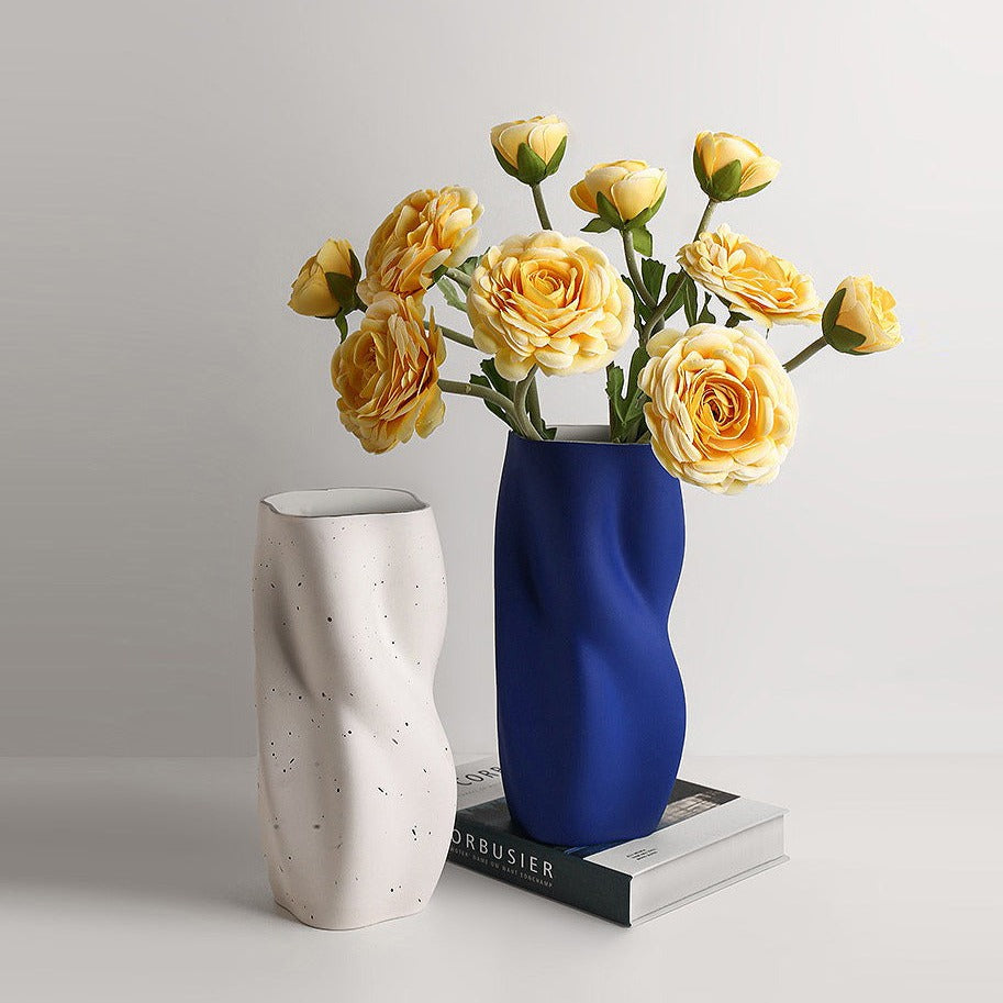 Ceramic Vase | Twisted Speckled White Vase with Silver Rim - The Feelter