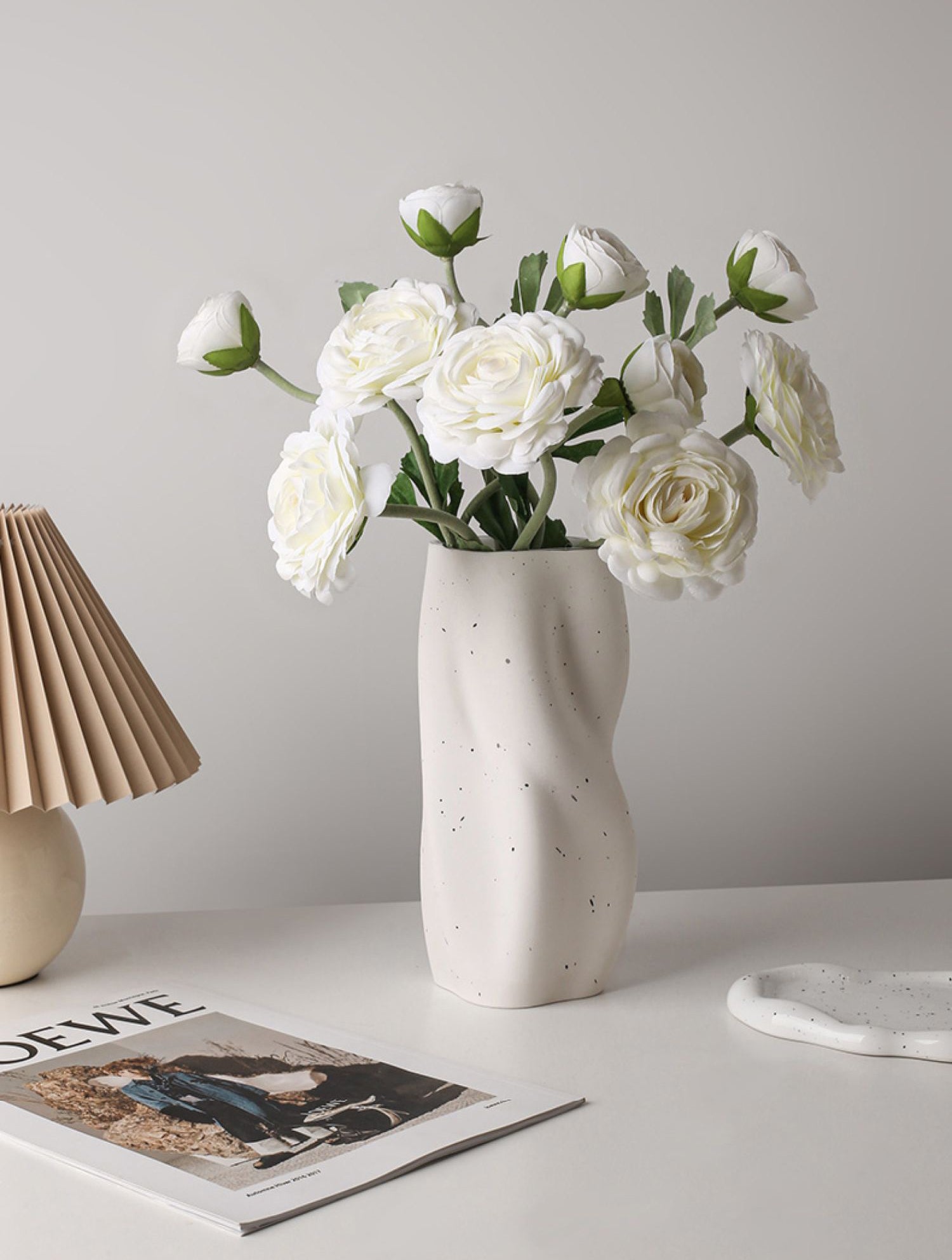 Ceramic Vase | Twisted Speckled White Vase with Silver Rim - The Feelter