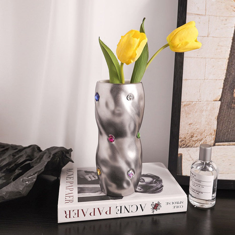 Ceramic Vase | Twisted Silver Vase with Gemstones - The Feelter