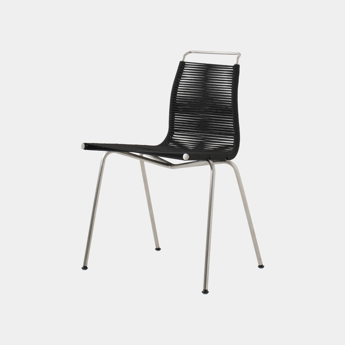 A modern side chair with a woven black-fiber seat and backrest, supported by slim metal legs shown on a light gray background.