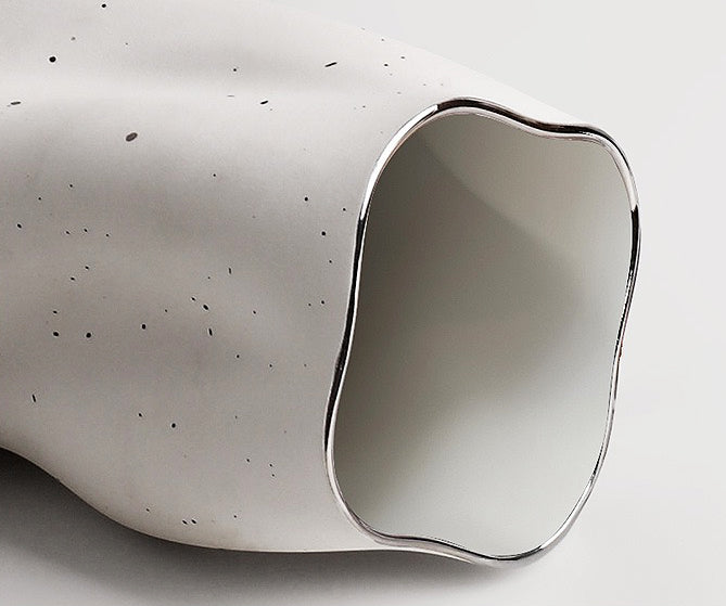 Ceramic Vase | Twisted Speckled White Vase with Silver Rim
