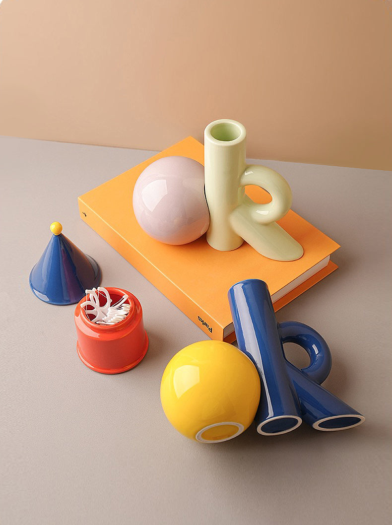 Ceramic Vase |  Playful Geometric Decor Set - Blue and Yellow