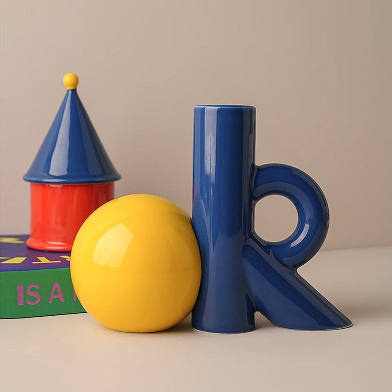 Ceramic Vase |  Playful Geometric Decor Set - Blue and Yellow