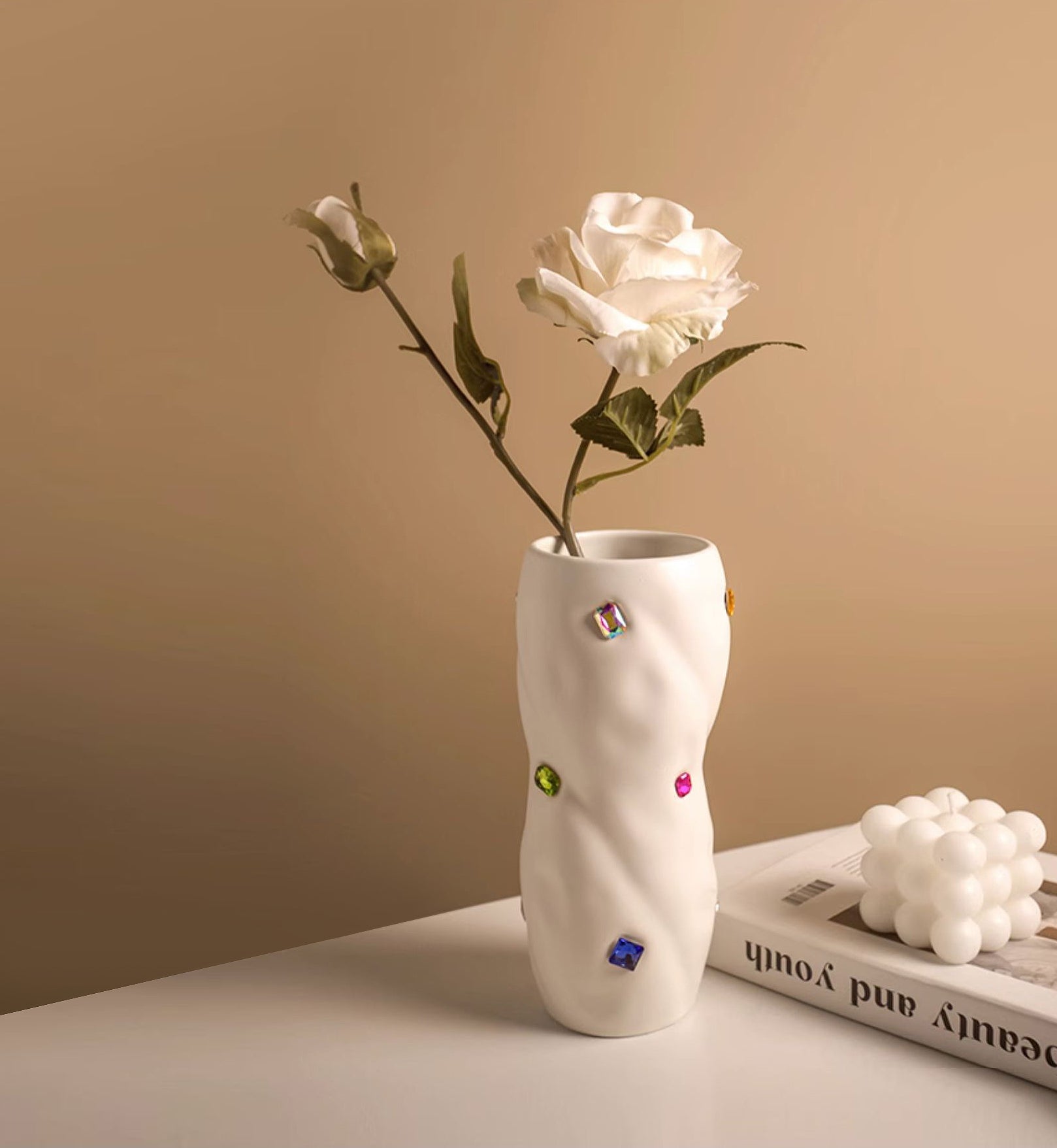 Ceramic Vase | Twisted Cream Vase with Gemstones