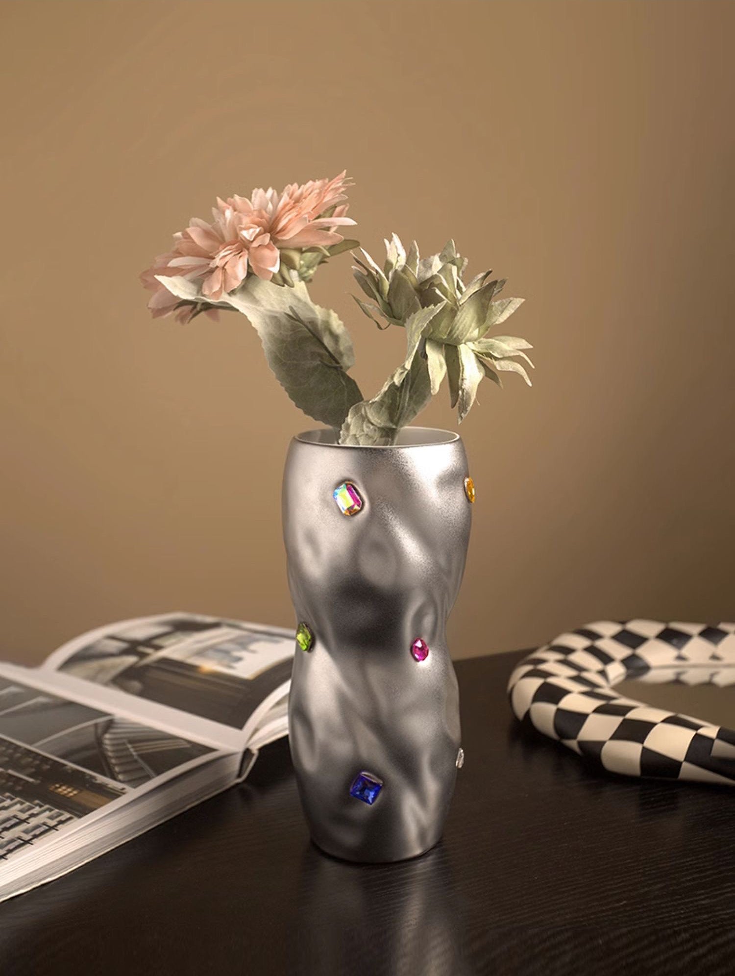 Ceramic Vase | Twisted Silver Vase with Gemstones